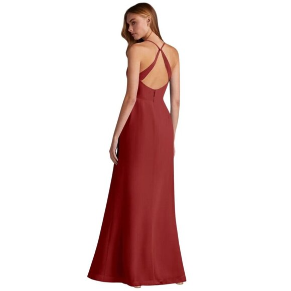 Azazie Manila Bridesmaid Dress Size 6 Rust V-Neck Chiffon Maxi Long Side Slit - Picture 2 of 12